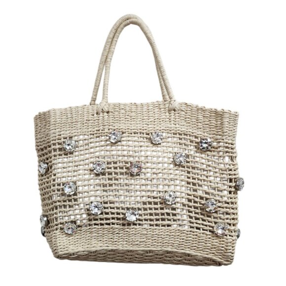 BTB Los Angeles Nancy Tote Straw Bag Crystal Embellished Woven Summer Handbag - Picture 2 of 10